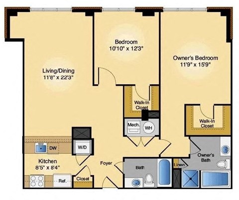 Floor plan for 2 beds, 2 baths, 1094 sqft